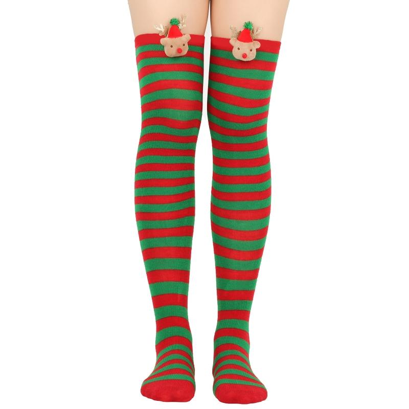 Women Christmas Over Knee Long Socks Cartoon 3D Elk Bowknot Striped Print Thigh High Stockings Holiday Party Hosiery
