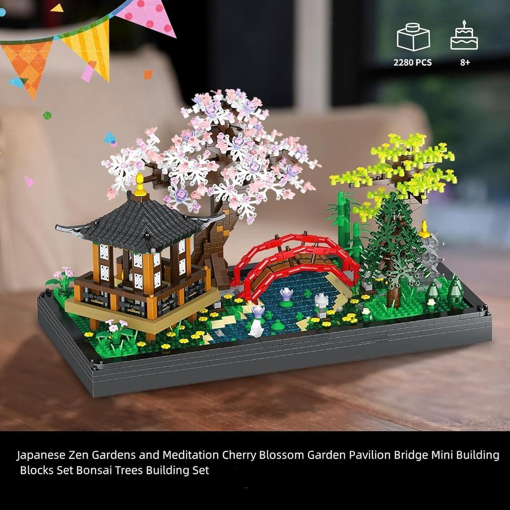 Japanese Zen Gardens and Meditation Cherry Blossom Garden Pavilion Bridge Mini Building Blocks Set Bonsai Trees Building Set for Adults and Kids Toy