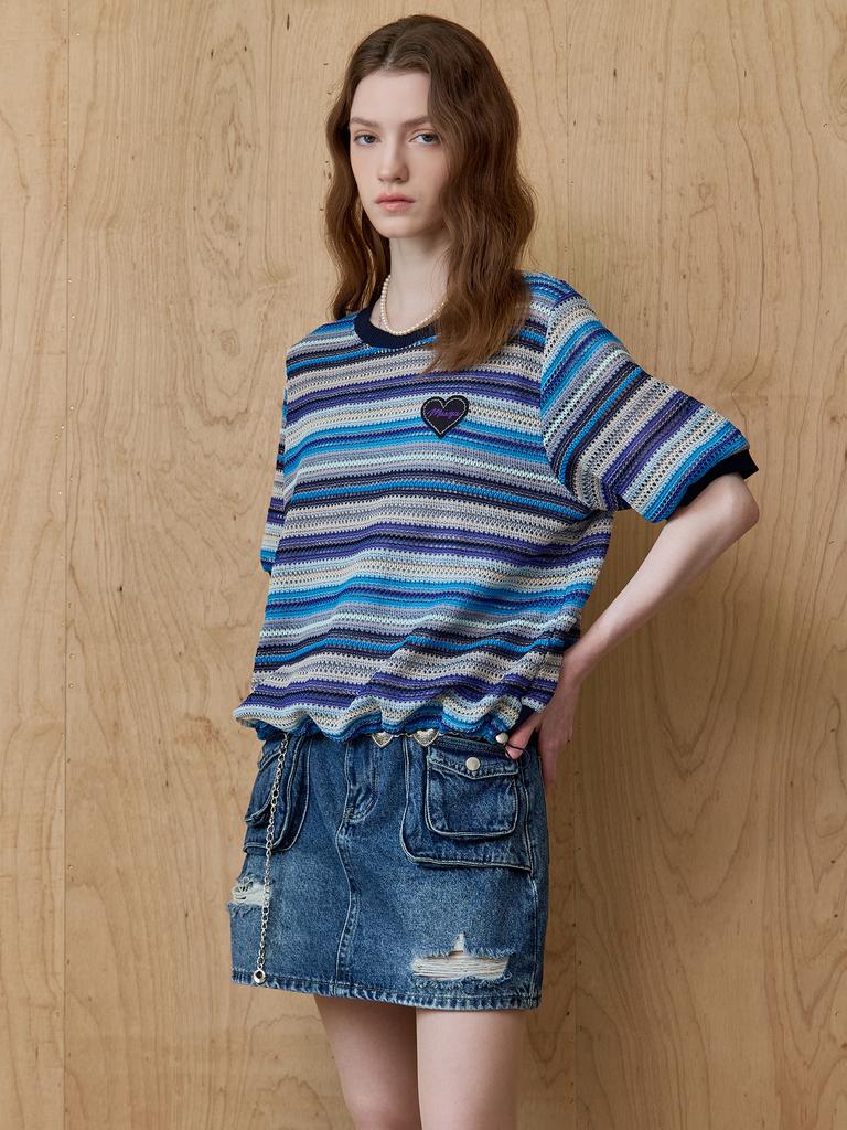 MAXZA Multi-Stripe Round Neck Short Sleeve Knit T-Shirt