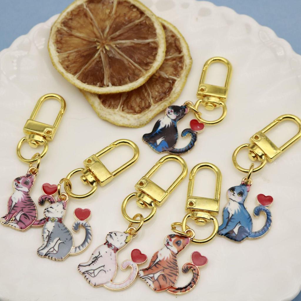 Cartoon Cat Print Heart Lobster Clasp Set - Cross-Border Droplet Oil Design