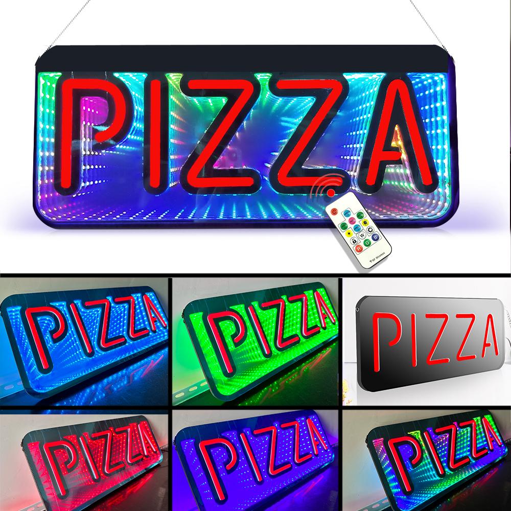 3D Mirror Neon Open Sign 48x20cm Double-Sided LED Light for Pizza Coffee Bar Store - Colorful Background Infinite Tunnel Light
