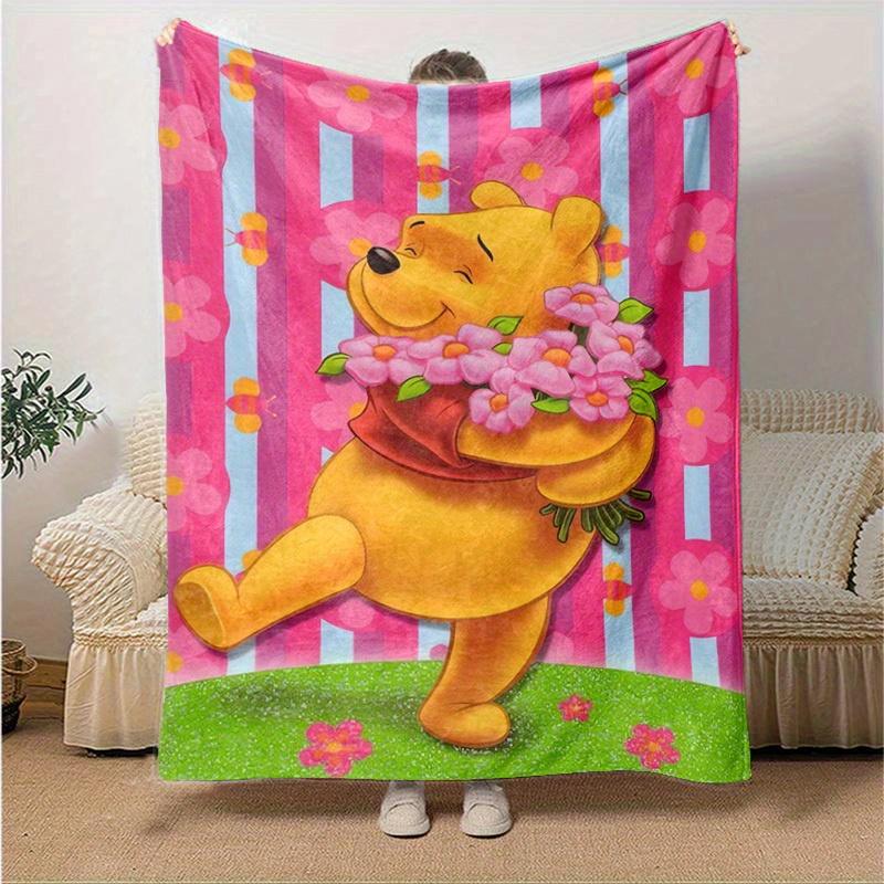 1pc. Cartoon Winnie The Pooh Floral Throw Blanket, Seasonal Home Decor Gift for Friends, Soft Flannel Throw Blanket, Versatile & Cozy for Be