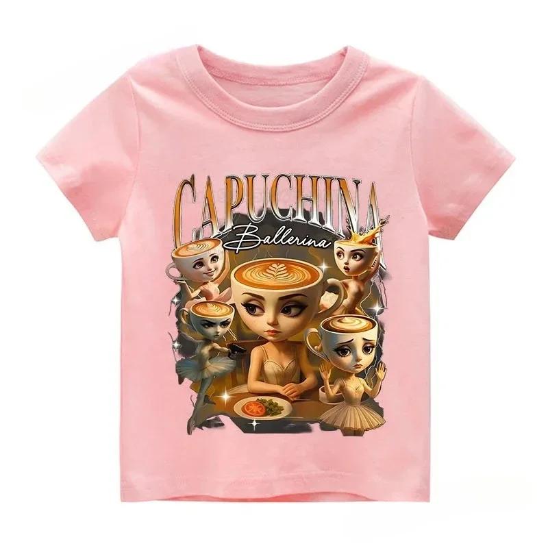 Summer Italian Brainrot Cotton Girls T-shirt Cute Ballerina Cappuccino Print Baby Tees Tops Casual Fashion Kid Children Clothes