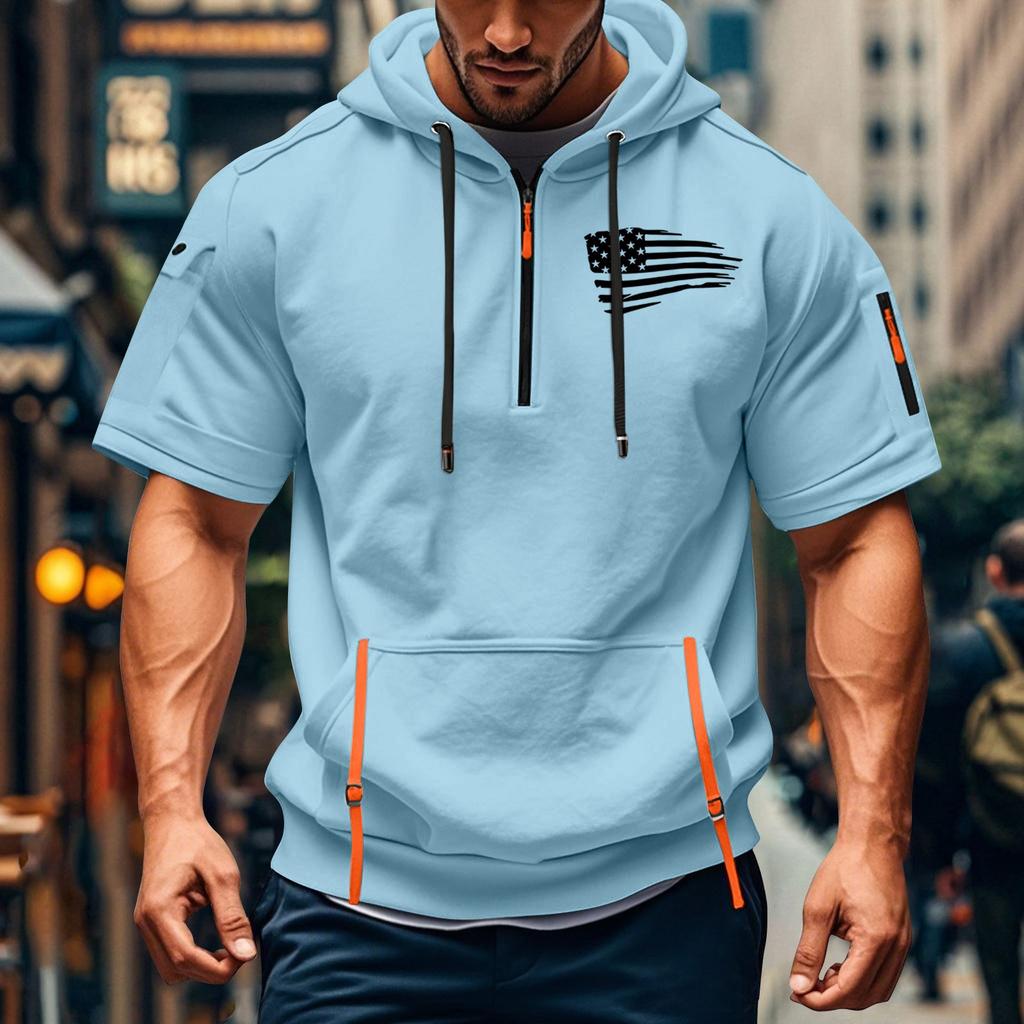 Men's Summer Shirt Print Zipper Pocket Short Sleeve Hooded Sweatshirt Men's Sports Large Size Casual Sweatshirt