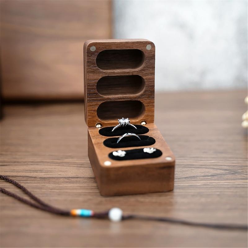 Rings Container Solid Walnut Wood Wedding Ring Storage Organizer Jewelry Box with Velvets Interior for Engagement