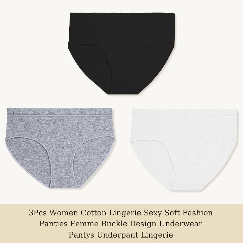 3Pcs Women Cotton Lingerie Sexy Soft Fashion Panties Femme Buckle Design Underwear Pantys Underpant Lingerie Lace Intimates S-XL