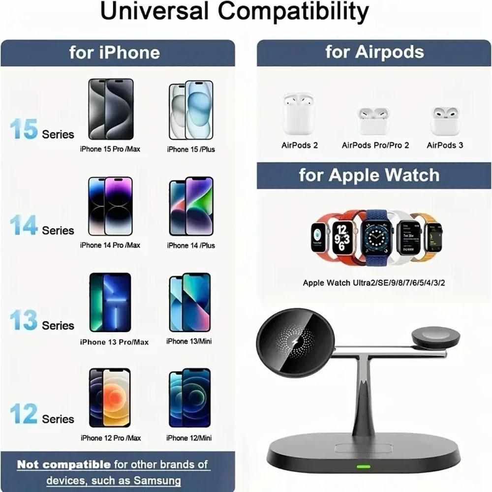 15W 3 In 1 Magnetic Wireless Charger Stand Phone Fast Charging Charger Holder For iPhone 16 15 14 13 Pro Max Apple Watch Airpods