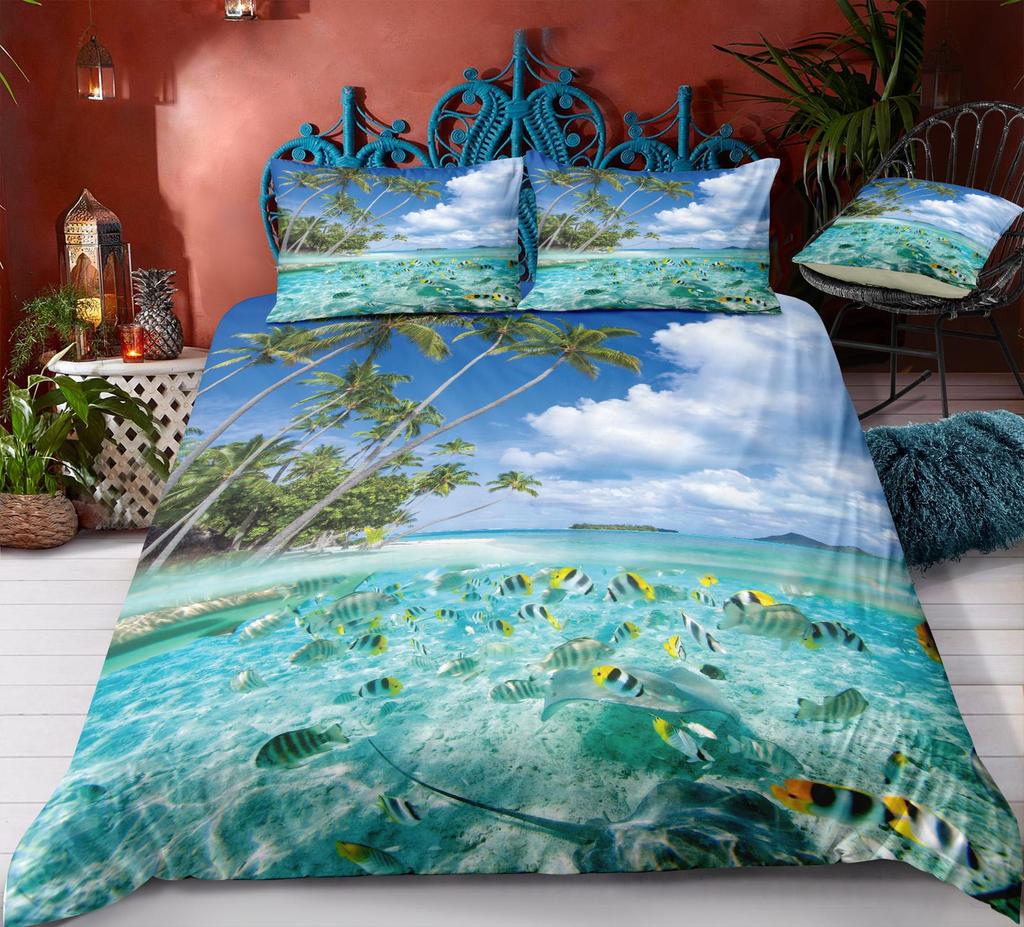3D Ocean Print Bedding Single Double Bed Full Size Pillowcase and Quilt Cover 2 or 3 Landscape Patterns Washable and Comfortable Home Decoration
