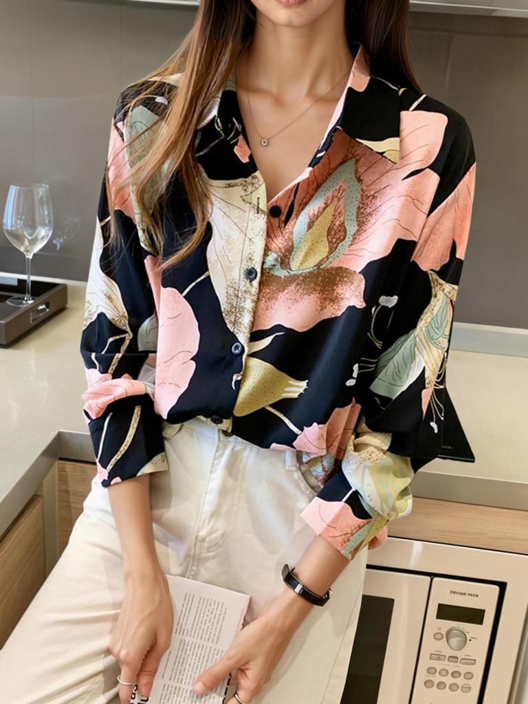 2026 Trendy Women's Long Sleeve Printed Shirt - European & American Style, Versatile Loose-Fit Top