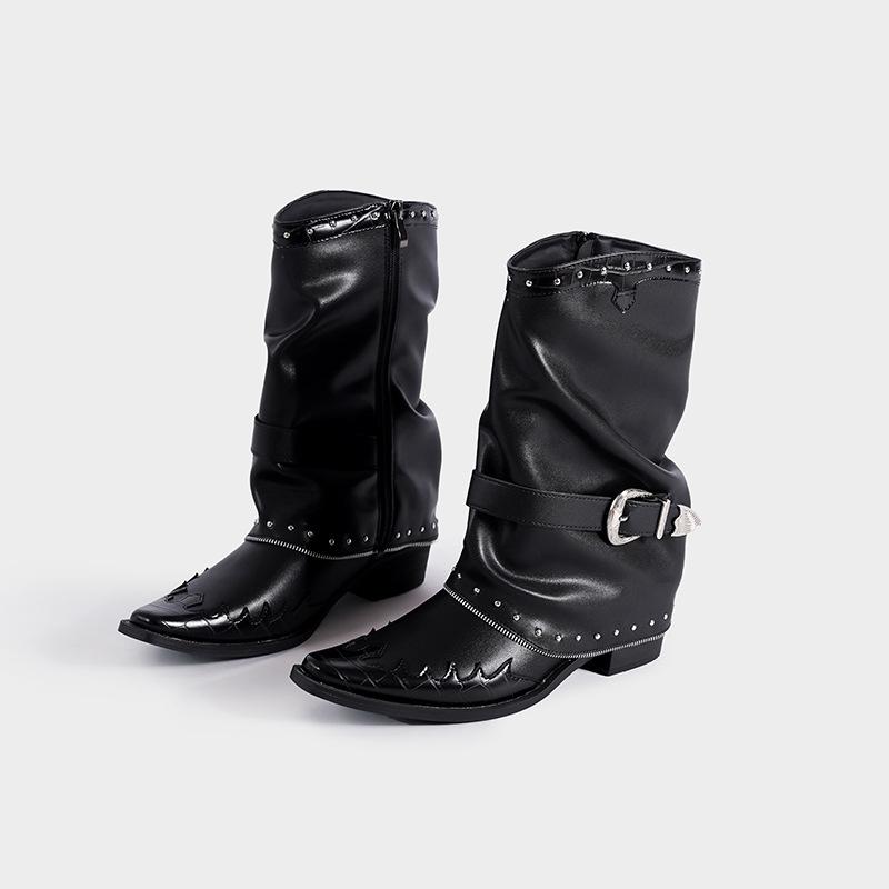

Pants Boots Flame Design Knight Boots Pointed Heel Knight Boots Rivet Chain Design Stacking Boots 40 чёрный