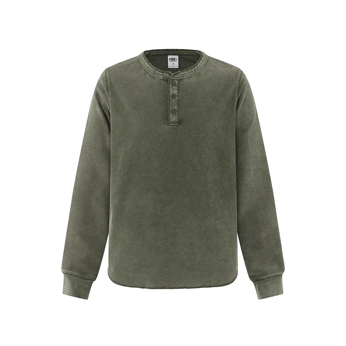 2025 Autumn Men s Henley Collar Waffle Batik Washed Long Sleeve Button T-shirt XL