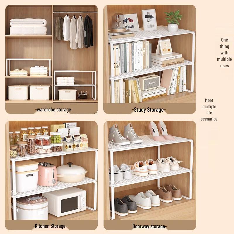 Expandable Wardrobe and Kitchen Organizer: Layered Shelves, Closet Dividers, Shoe Rack, and Gadget Storage