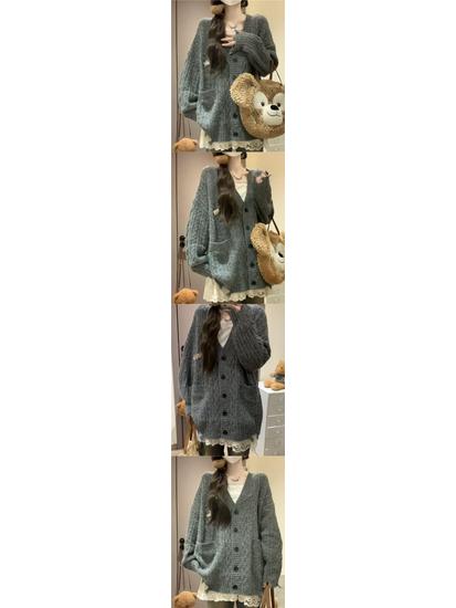 Dámský šedý retro volný pletený kardigan - Podzimní styl