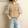 ZANZEA Women Casual Round Neck Loose Floral Print Splice 3/4 Sleeve Blouse
