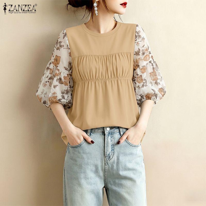 ZANZEA Women Casual Round Neck Loose Floral Print Splice 3/4 Sleeve Blouse