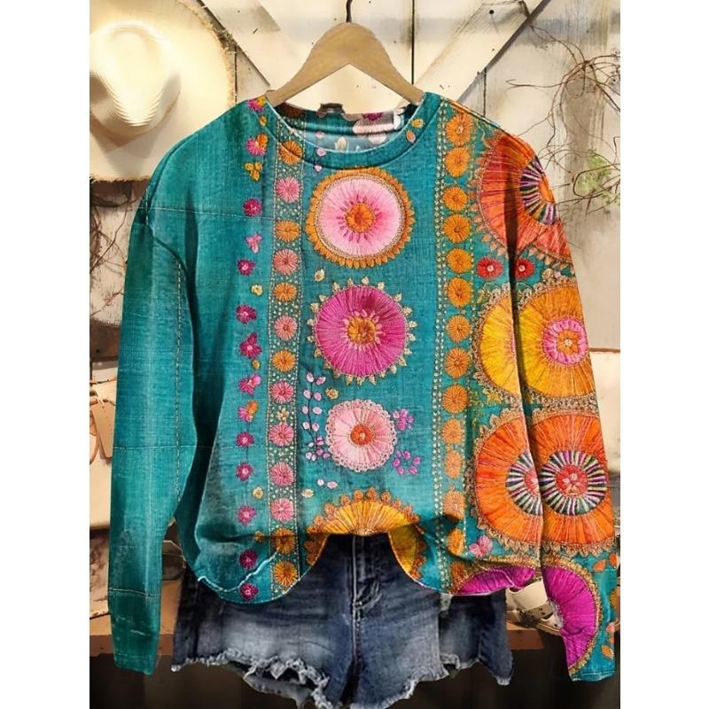 Ladies' Floral Print Round Neck Long Sleeved T-shirt Fashionable Casual Top Christmas Outfit Pullover Clothing