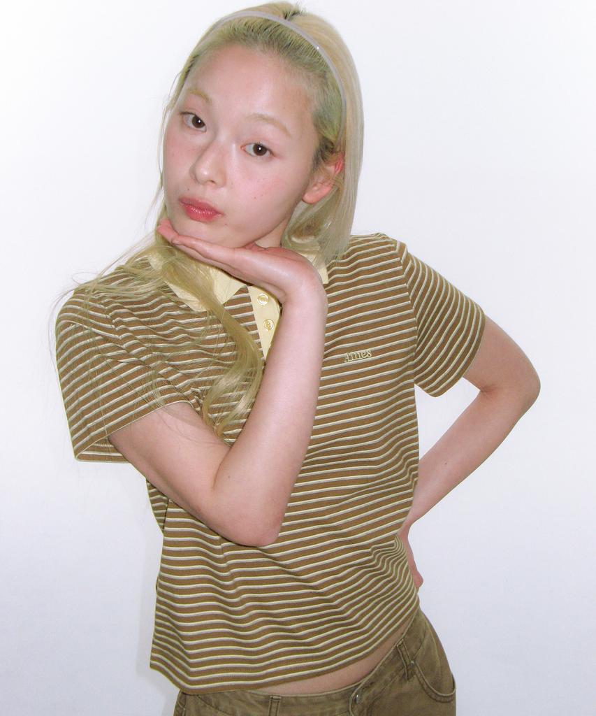 AMES-WORLDWIDE Basic Stripe Collar Tee Brown