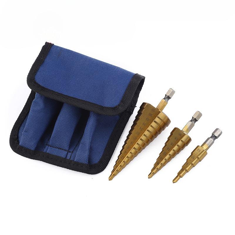 3Pcs/set Hexagonal shank straight groove step drill, titanium-plated pagoda drill, reaming step drill 4-12 4-20 4-32 cloth bag