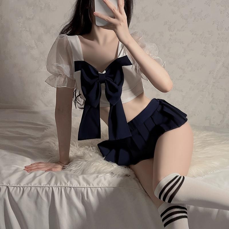 School Girl Uniform Sexy Lingerie Women Student Role Play Costume Crotchless Mini Pleated Skirt Bowknot Blouse Set Porn Cosplay