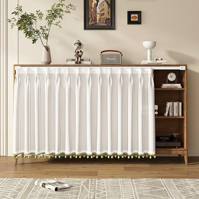 Horizontal Wardrobe Curtain with Rail - Sheer Dust Cover & Decorative Pull, No-Drill Installation.