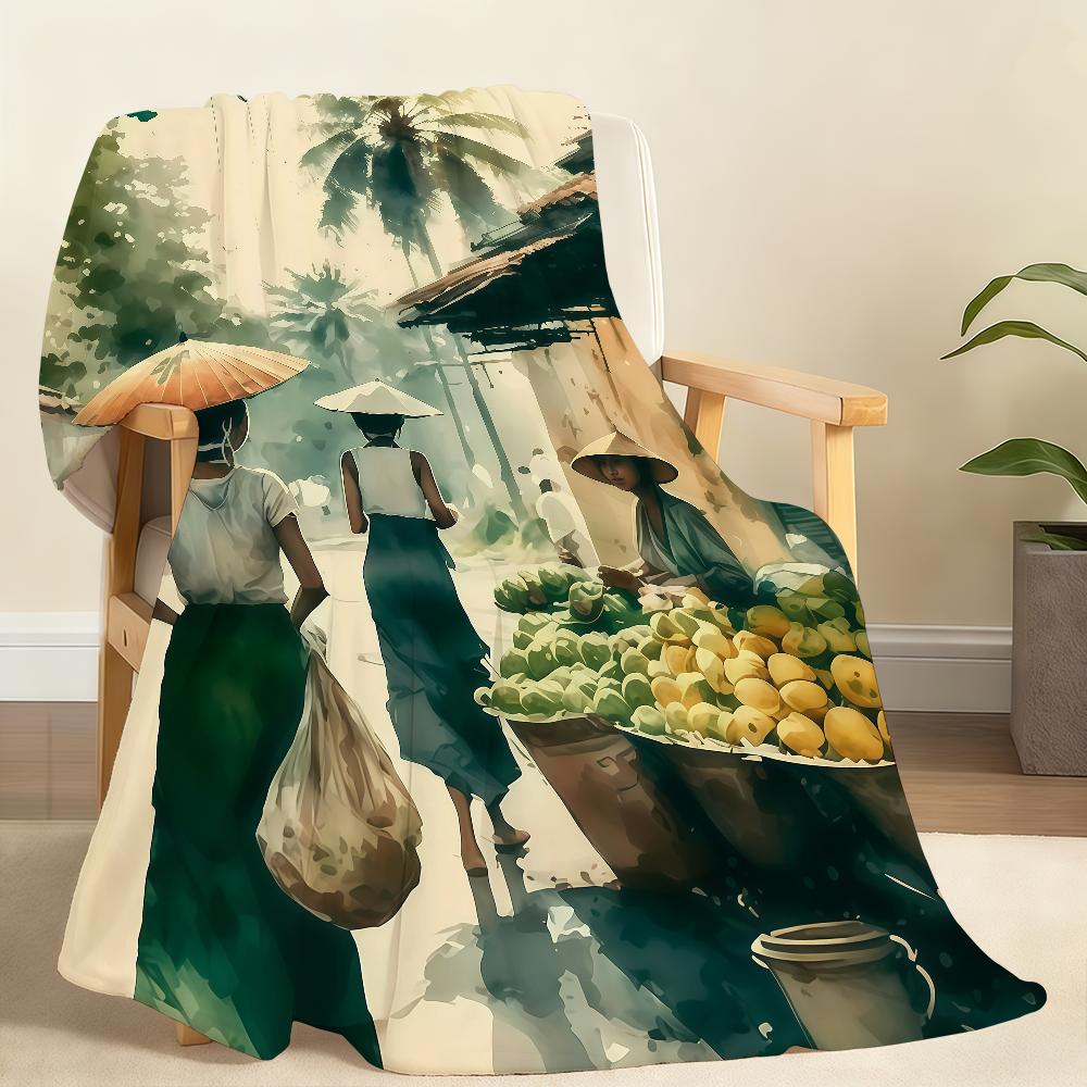 Vietnamese Village landscape illustration Blanket For Soft Throw Blanket for Picnic Bed Sofa Home Bedroom Cozy Warm Comfortable