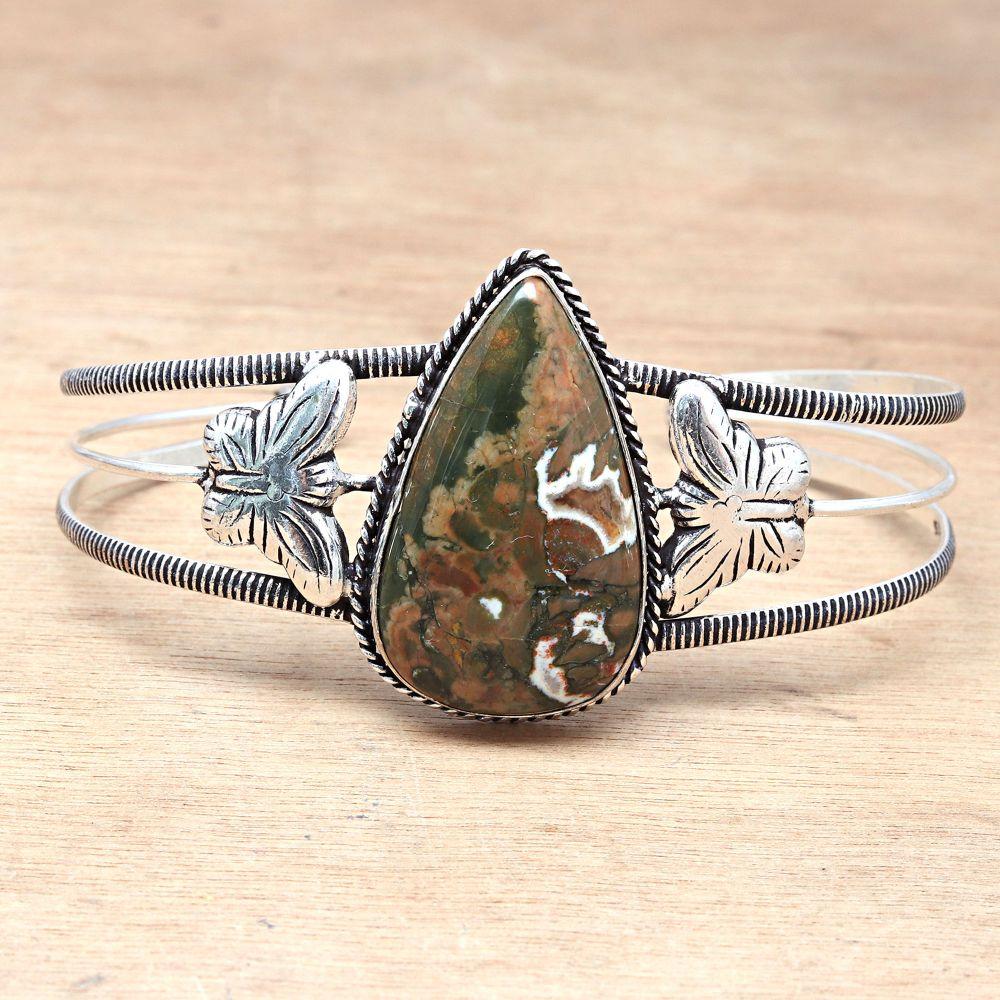 Rainforest Jasper Gemstone Handmade Silver Jewelry Cuff Bracelets 7''Adjustable