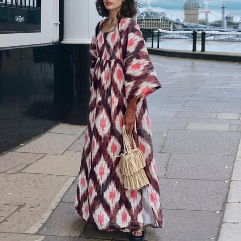 

ZANZEA Vintage Women Bohemia Round Neck Batwing Sleeve Print Holiday Dresses 5XL красный