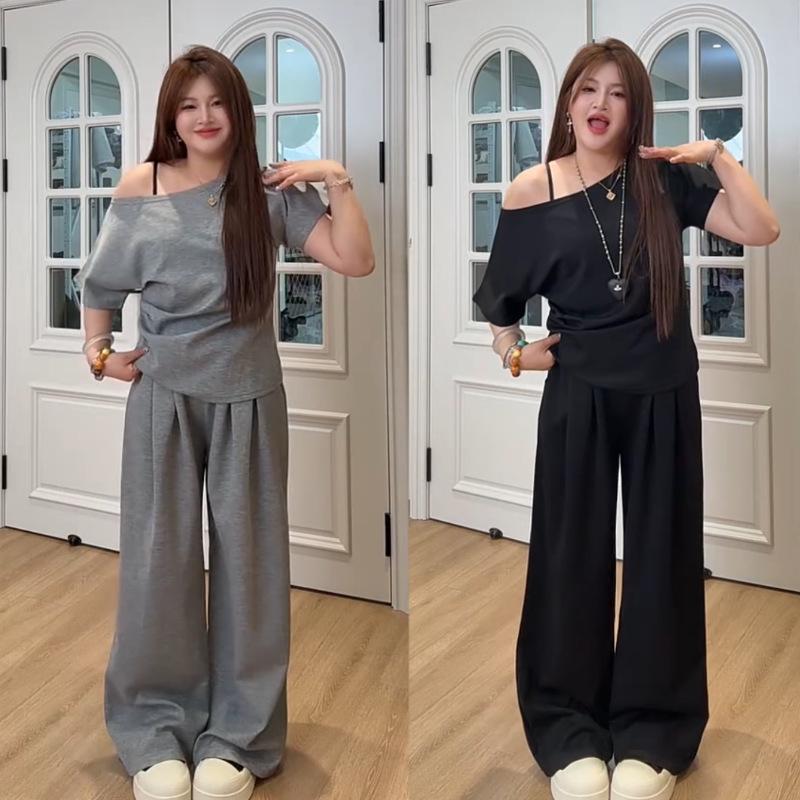 Women's Korean-Style Casual Summer Suit: One-Shoulder Top & Long Pants