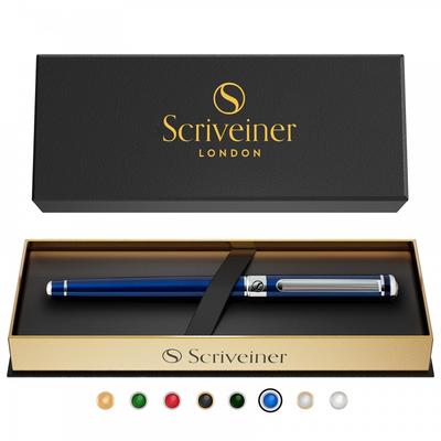 Scriveiner Midnight Blue Rollerball Pen - Stunning Blue Lacquer Luxury Pen, Chrome Finish, Schmidt Ink Refills, Best Roller Ball Fathers Day Gift, Men