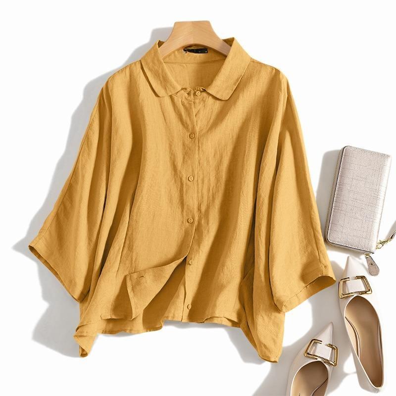 Moda Estiva Camicia con Collo a Lapel Donna Elegante Blusa a Maniche 3/4 Lavoro Bottoni Camicie Lunghe Tunica Donna Casual Ampia Bluse