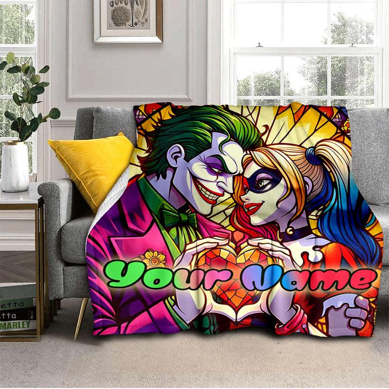 1PC Custom Name "Joker Harley's Love Story" flannel blanket versatile,all-season throw suitable for the living room,bedroom,camping,travel,and gift