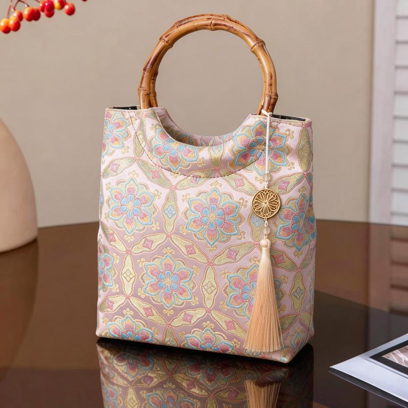 Women's New Chinese Style Bag, Tribute Satin Jacquard Vacation Style, Retro Bamboo Knot Circular Handheld Cheongsam Hanfu Bag