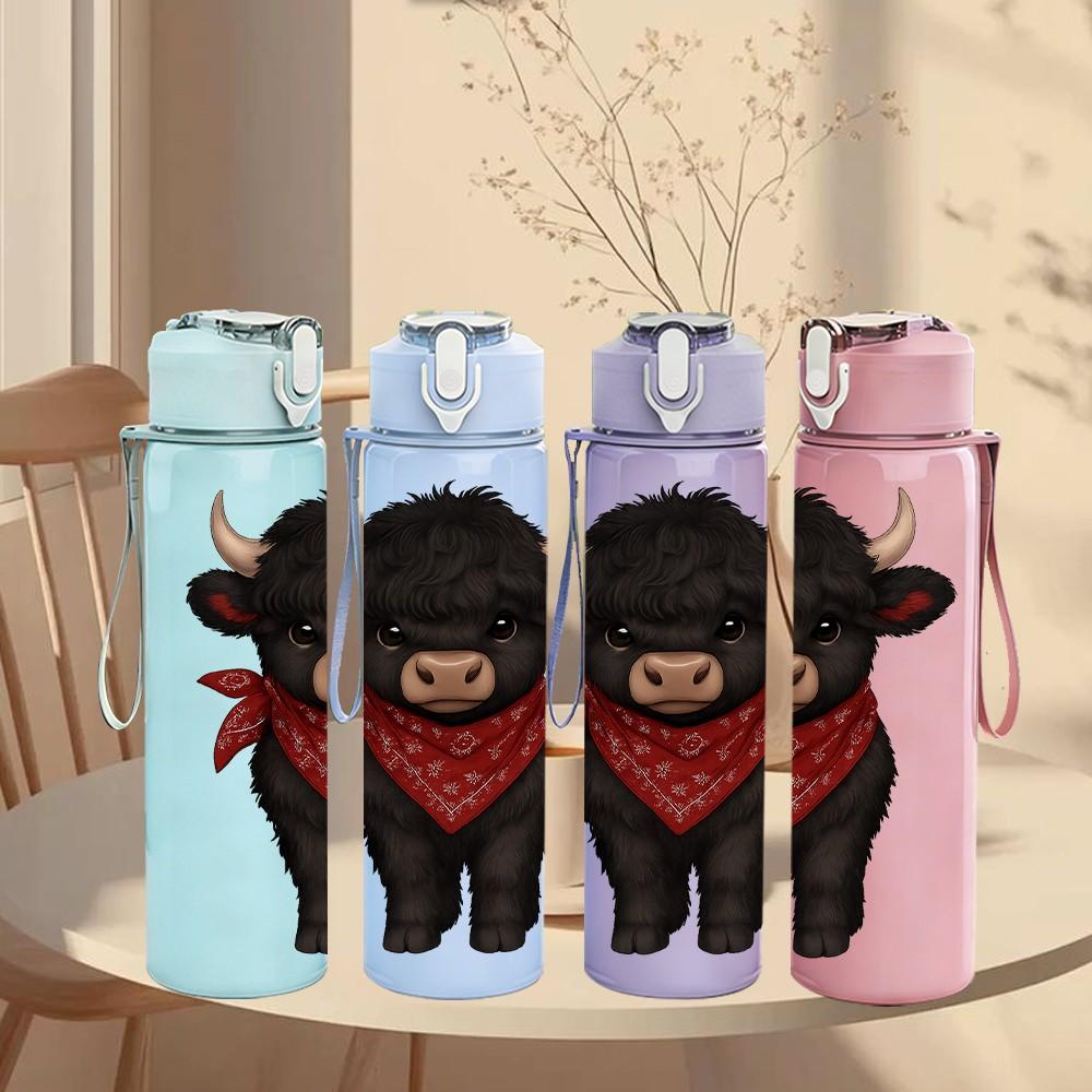 1PC Bull Cowboy Western Animal Pattern 750ml Color Plastic Sports Water Bottle Leakproof Flip Straw Lid Suitable for Sports Office Home Use