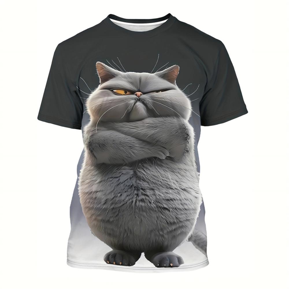 Summer Round Neck 3D Cute Cat Print Top Fashionable Casual Short Sleeved Men's T-shirts