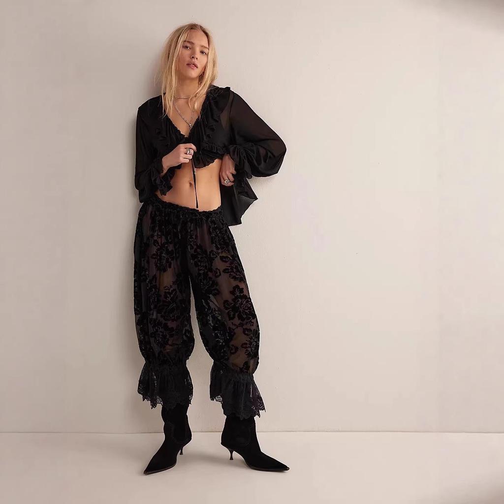Pantaloni a Lanterna da Donna 2026 Stile Europeo e Americano con Bordi in Pizzo a Vita Alta - Moda Casual Larga Corti.