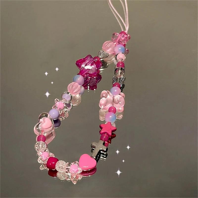 Star Pink Bear Heart Beads Phone Cute Charm Chain Lanyard for IPhone 16 Samsung Accessories Hanging Rope Girl Jewelry