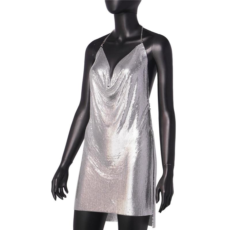 Women Nightclub Backless Metallic Sequin Spaghetti Strap V Neck Halter Split Dress Elegant Party Dress For Evening Wear
