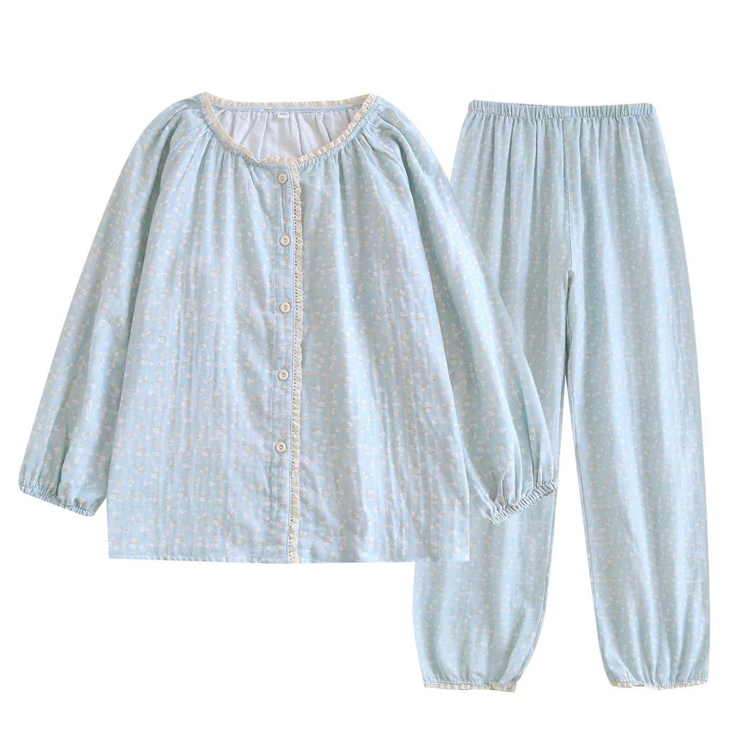 Women's Floral Print Pure Cotton Gauze Pajama Set - Spring/Summer Long Sleeve & Pants