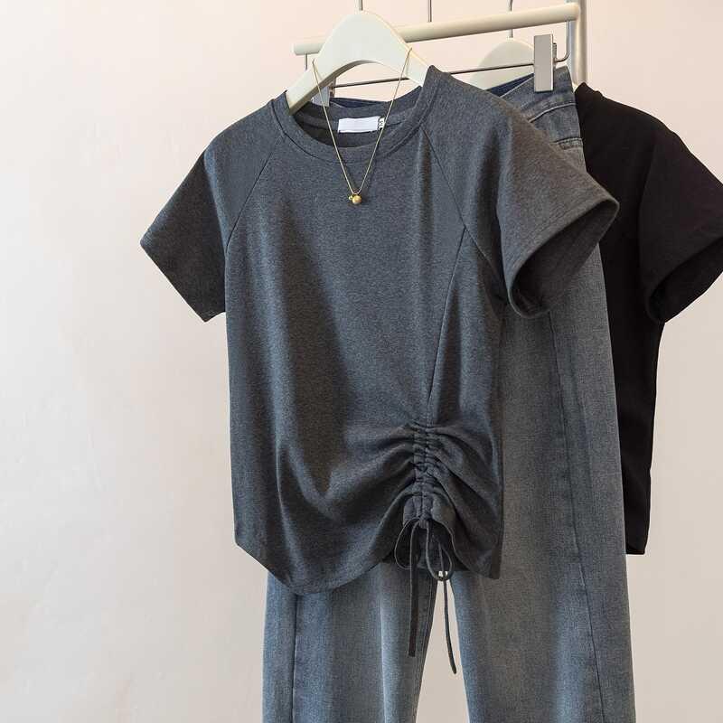 

Women s Slimming Irregular Short Sleeve Drawstring T-shirt, Plus Size 2025 Summer Top XL - 118-136 lbs