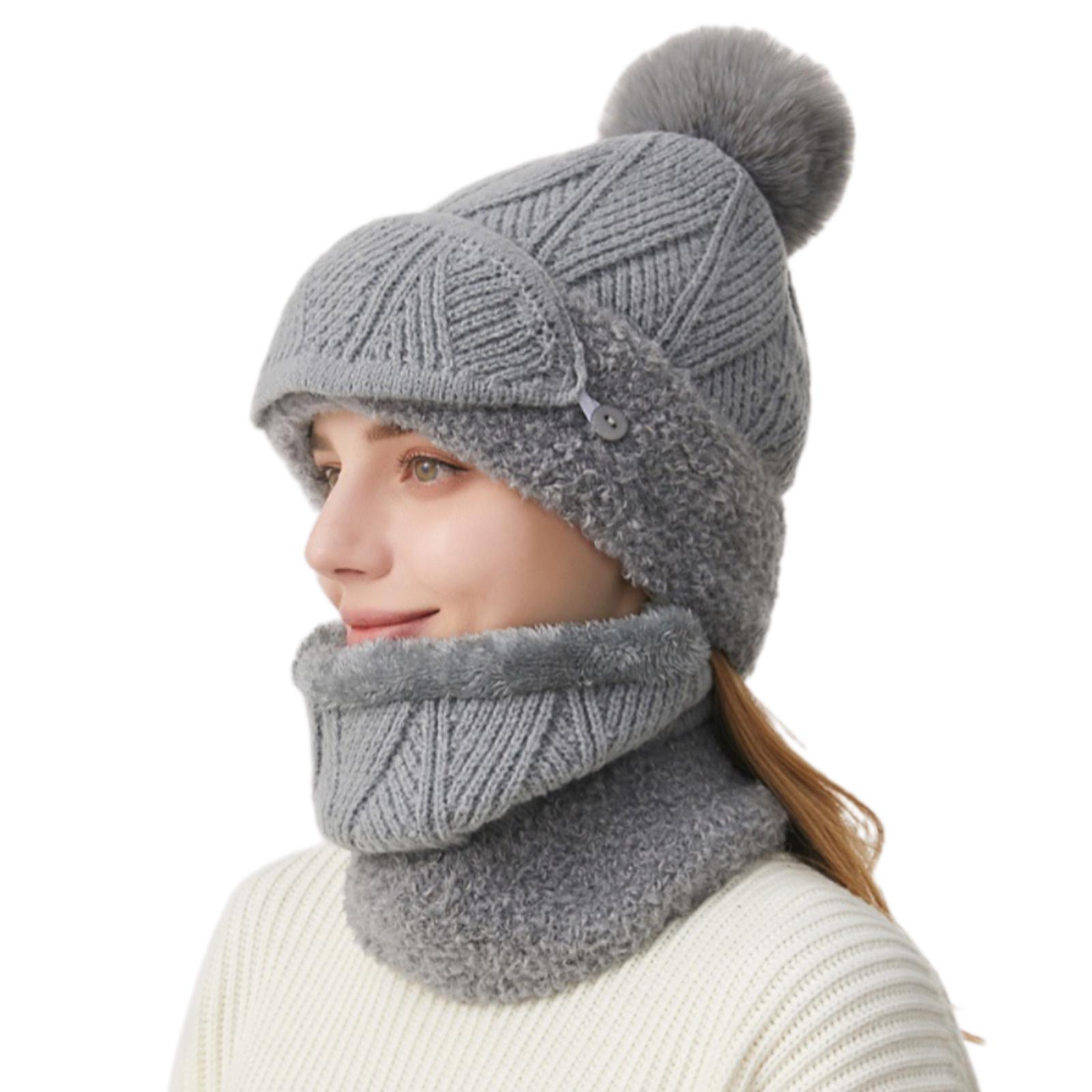 

Thick Fleece Liner Knitted Hat With Neck Warmer and Facemask For Outdoor Activity Warm Winter Skull Hat for Sport Unisex серый