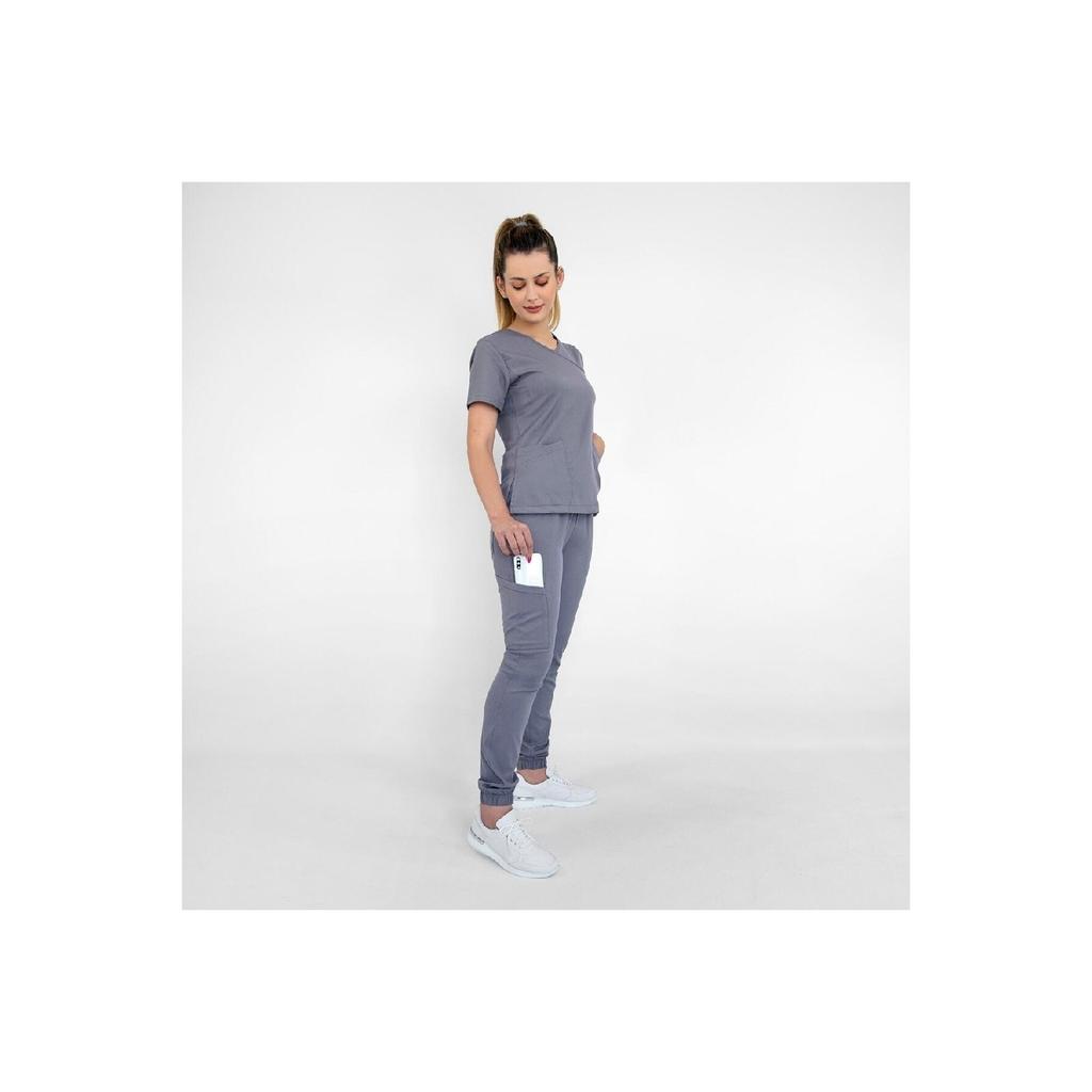 Grauer, zweireihiger chirurgischer Jogger-Uniformanzug aus Viskose-Lycra mit elastischem Bein