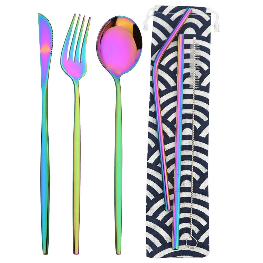 6Pcs Travel Camping Cutlery Set Travel Flatware Set Knife Fork Spoon Straw With Portable Bag Stainless Steel Tableware Set