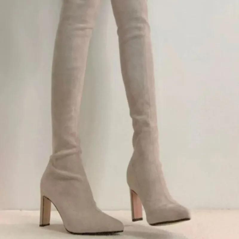Fashion 2025 New Block Heel Stretch Skinny Boots Long Boots Women's New Suede Sexy Skinny Pointed Toe Small Knee Thin Boots