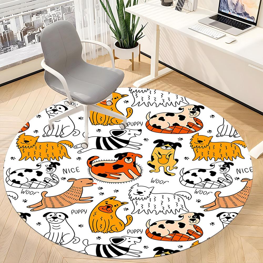 1PC Dogs Puppies Office Round Area Rug, Mat Suitable For Office, Under Office Chairs Bedroom Living Room Home Decor, Room Deco