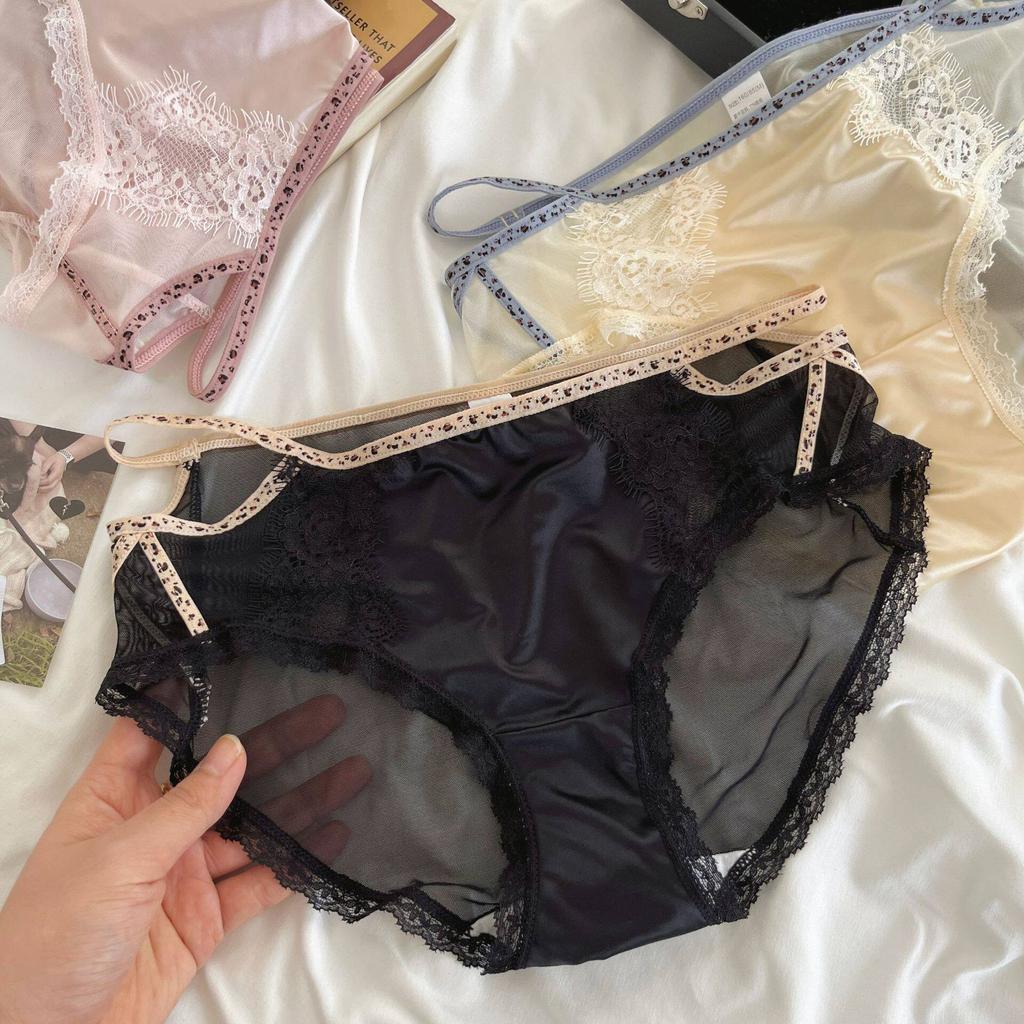 Ladies Summer Light Luxury Sexy Pure Desire Lace Satin Mesh Gauze Ice Silk Briefs