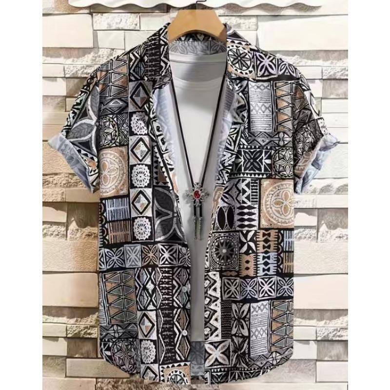 Men Short Sleeve Button Down Shirt Palm Leaf Print Casual Summer Beach Shirt