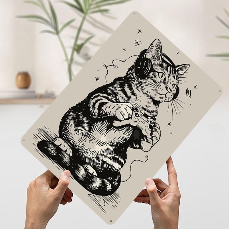 

Gamer Cat With Headphones Tinplate Poster Customized Wall Art Vintage Retro Metal Signs for Coffee Bar Accessories Desk Decor 7.9x11.8In(20x30cm)