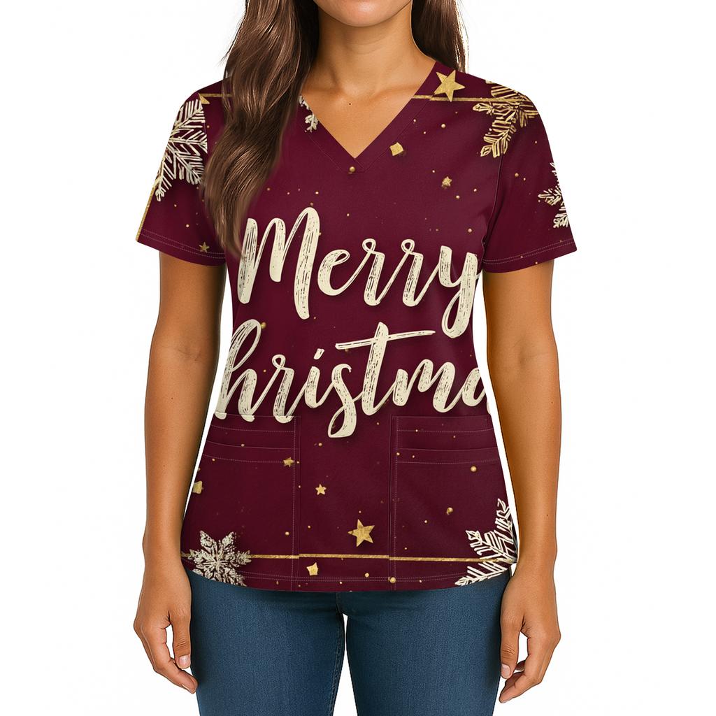Women's Christmas Print V-Neck Double Pocket Short Sleeves Hem Slit  Uniform And Caregiver Top