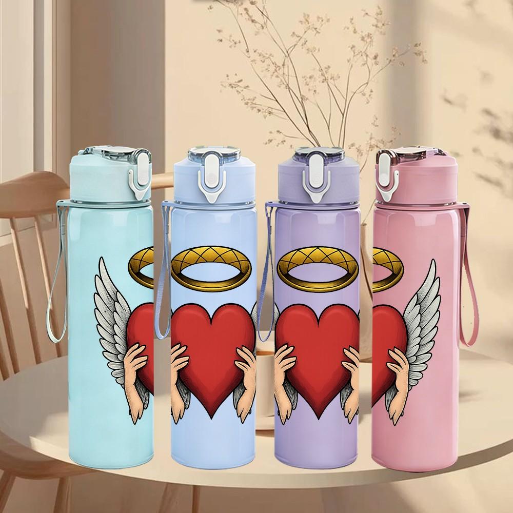 1PC Angel Wing Sacred Heart Pattern 750ml Color Plastic Sports Water Bottle Leakproof Flip Straw Lid Suitable for Sports Office Home Use