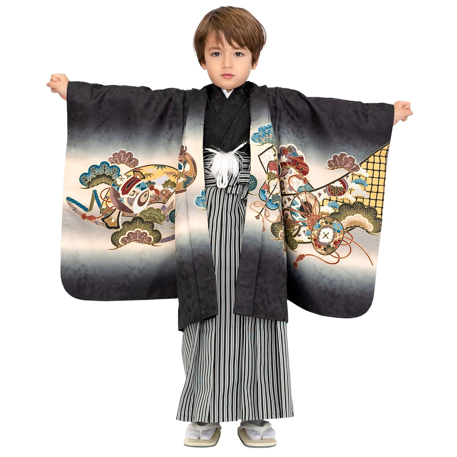 

Haori and hakama set for 5 years picture auspicious full set striped black folding pocket haori 2 waist Boys drum black [KYOETSU] Shichi-Go-San, old,
